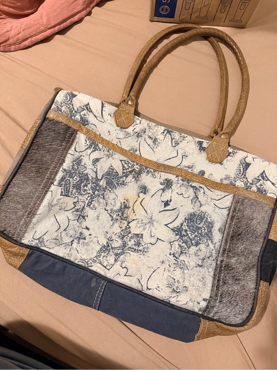 Myra Bag Handbags - Myra Bag Blue Floral Canvas Tote with Tan Trim